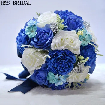 H&S BRUDE-Blå Satin Brude Buket Buket De Mariage Kunstige Vintage Bryllup Buketter Til Brude 2020 Brudepige Blomst
