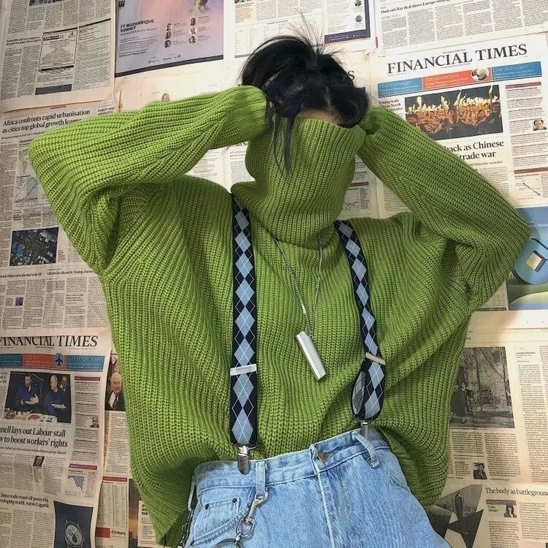 Turtleneck Sweater Kvinder BF Stil Overdimensionerede Smarte Grønne Friske Vinter Femme Pullover Enkel Sød Ren Harajuku Ins Teens Sweater