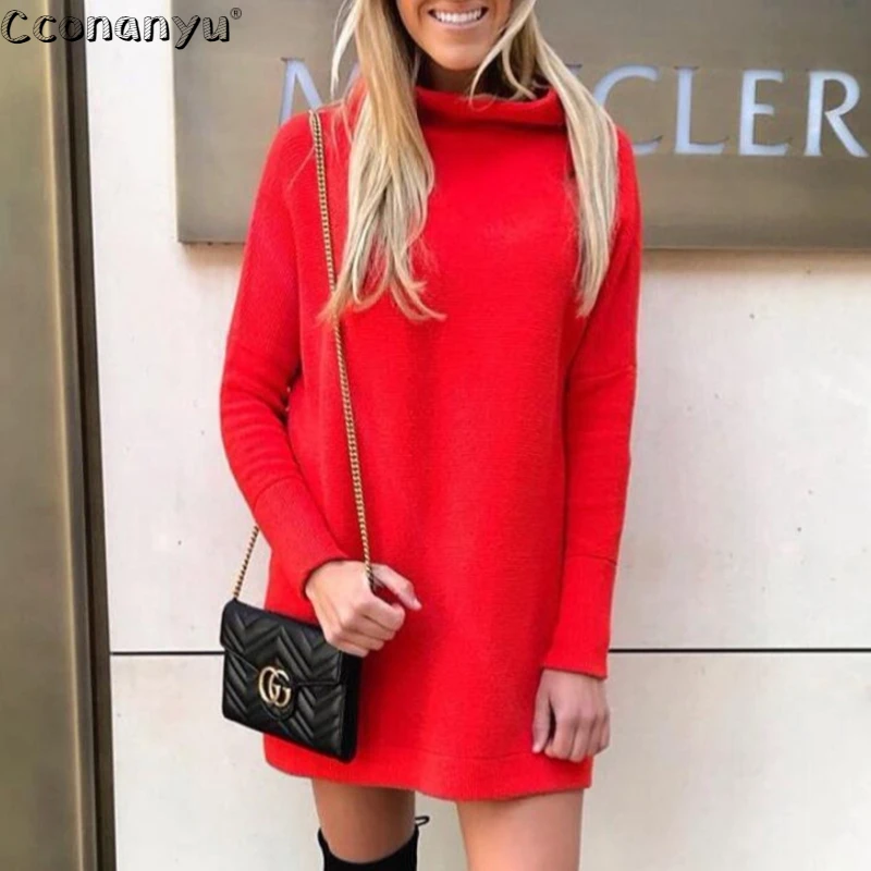 Kvinder Strikket Langærmet Rullekrave Mini Kjole Casual Løs Pullover Solid Farve Sweater Kjole