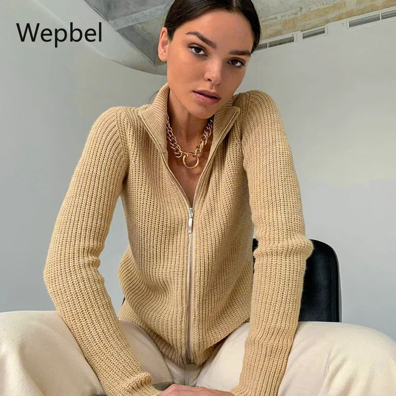 WEPBEL Langærmet Sweater Top Kvinder Strikket Cardigan ensfarvet O-Neck Lynlås Trøje, Jakke Mode Kvindelige Trøjer