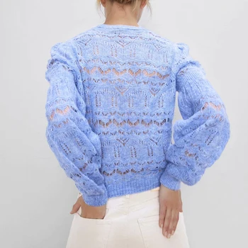 2019 Efterår og Vinter Sexet Kort Hule Ud Strikkede Pullovers Sweater Kvinder er Solid O-Hals Fashion Blå Strik Trøjer, Toppe Feminina