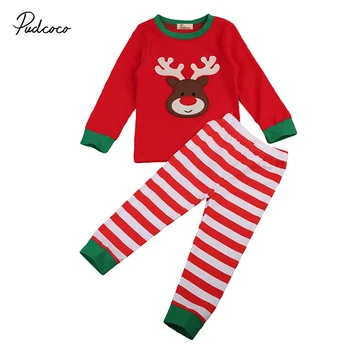 2019 Nye Jul Toddler Børn Dreng Pige Pyjamas Sæt med Lange Ærmer Deer Toppe+Stribede Bukser 2STK Nattøj Sovende Tøj til 1-6Y