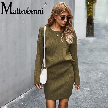 2020 2 Stykke Tøj Til Kvinder Nederdel Solid Farve Sweater Toppe Og Strikning Efteråret Slank To-Delt Sæt Med Top Og Kjole Matchende Sæt