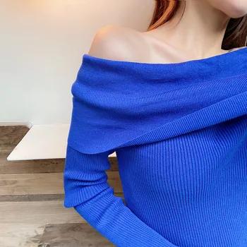 2020 nye Sexet at Strikke Trøjer sweater kvinder Elegant Slash hals efteråret toppe shirt Kvindelige blå sweater High Street