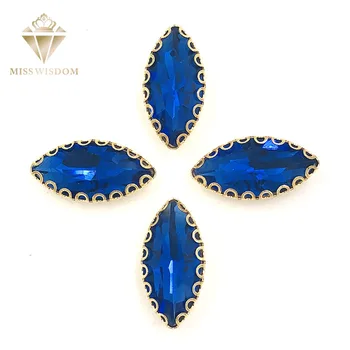 7X15mm Royal blå Blad form sy på rhinestones guld base med hul lacy kløer glas krystal rhinestone Diy tilbehør til beklædningsgenstande