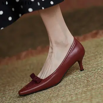 ALLBITEFO mode retro ægte læder bowtie sexy høje hæle party kvinder sko kvinder med høj hæl sko efteråret kvinder hæle