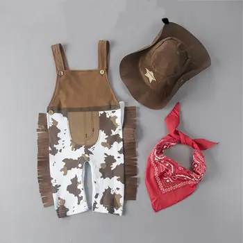 Baby Buksetrold Dreng Pige Fancy Cosplay Kostume Party Cowboy Tøj Sæt Sommer uden Ærmer Print Buksedragt Overalls Hat 3STK Børn Passer