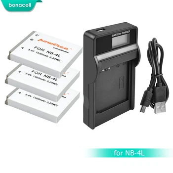 Bonacell 1400mAh NB-4L NB4L NB 4L Batteri Batería+LCD-Oplader til Canon IXUS 30 40 50 55 60 65 80 100 PowerShot SD1000 1100 L10