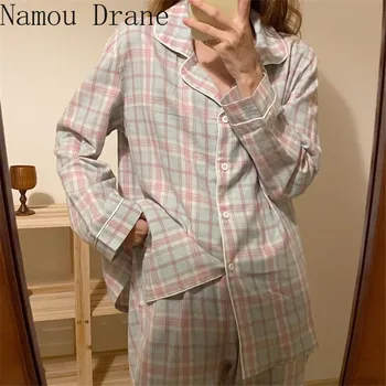 Bukser Passer til Kvinder Pyjamas 2020 Nye Efterår og Vinter Hjem Pijama Mujer To-piece Suit Minimalistisk Løs Plaid Nattøj