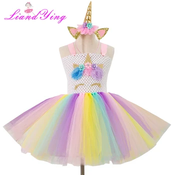 Børn Piger Unicorn Dress Rainbow Part Kjole Elegant Kostume Til Børn Til Bryllup Kjoler For Piger Vestidos Med Hovedbøjle