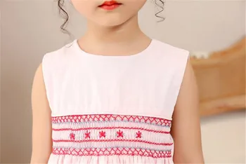 Børn Smocked Kjoler for Piger Sommeren Børn håndlavede Smocking Pink Bomuld Kjole med Knap Barn Boutique Tøj