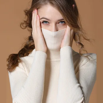 Efterår og Vinter Tyk Sweater Kvinder Strikket Ribbet Pullover Sweater langærmet Rullekrave Slank Jumper Bløde Træk Femme 920A