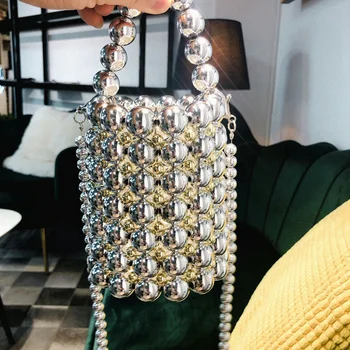FGGS-Ins Perler Perlebesat Taske til Kvinder Mode Håndlavede Perler Håndtasker Vintage Aften Party Taske Damer Luksus Hule Tote Hvid