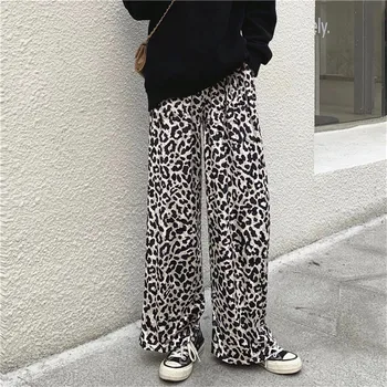 Fremmede Kitty Mode Velvet Leopard Bukser Kvinder Solid Høj Talje Bunden Bred Ben Bukser Løs Casual Dame Bukser Pantalon Femme