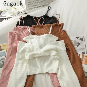 Gagaok Falske To Sweater Kvinder 2021 Foråret Efteråret Nye V-Hals Fuld Sexet Strikkede Trøjer Koreanske Kort Chci Vilde Mode Pullovere