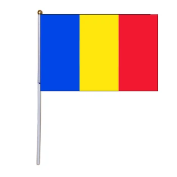 Gratis forsendelse xvggdg 100pcs 14 * 21cm Nationale Flag Rumænien hånd flag med plast flagstang Polyester Udskrivning flag