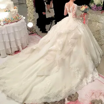 Hot Salg Dubai Krystal Blomster Bolden Kjole Brudekjoler 2020 Ny Langærmet Muslimske Blonde Pynt Bryllup Kjoler Til Brude Kjole