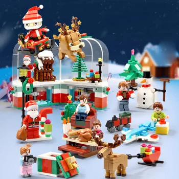 Jul Række byggesten, LED Lys Roterende Kasse Santa Claus Tal City House Samlet Blokke Pædagogisk Legetøj til Barn