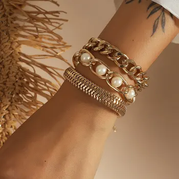 KMVEXO 3PCS/Set Barok Perle Mønt-Armbånd-Sæt til Kvinder 2020 Gotiske Bremse Cubanske Kæde Armbånd, Armringe Mænd Hiphop Punk Smykker