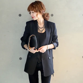 Koreanere Solid Lang Stil Sort Kvinder Jakke og Blazer Kvindelige Hak Asymmetrisk Krave Chic Ladies Blazere feminino