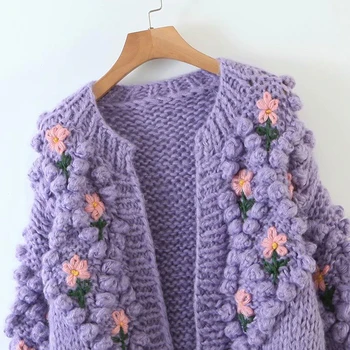 Kvinder er efterår og vinter nye retro fuld hånd-strikkede blomst, frugt cardigan sweater løs strik top
