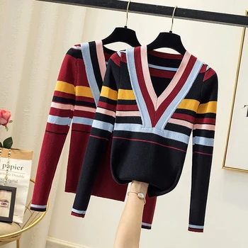 LJSXLS koreansk Mode Slank Stribet V-Hals langærmet Trøjer Kvinder Tøj 2020 Efterår og Vinter Vintage-Strikkede Sweater, Pullover
