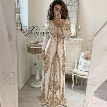 Marokkanske Kaftan Kaftan Muslimske Aften Kjoler A-line V-hals Lange Ærmer Applique Perler Dubai arabisk Tyrkiet Abaya Islamiske Kjole