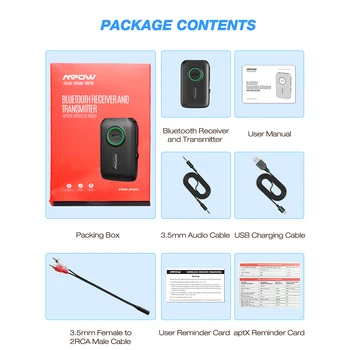 Mpow Bluetooth-Modtager Sender 2 I 1 Bluetooth-5.0-Adapter AptX HD Audio CSR8675 Dual Link Til TV-Car Aux Port, Stereoanlæg