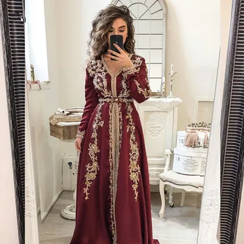 Muslimske Aften Kjoler En Linje V-hals Lange Ærmer Chiffon Dubai Abaya Saudi-arabisk Marokkanske Lang Aften Kjole Prom Kjoler Prom