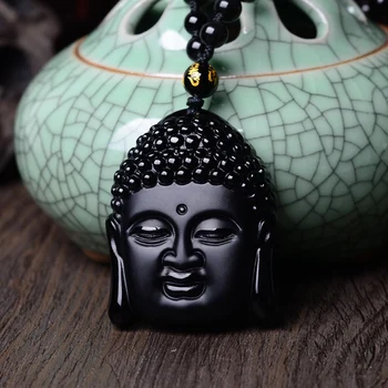 Naturlige Ægte Obsidian Sakyamuni Perle Buddha Vedhæng med Justerbar Kæde Kvinde/Mand, Smykker Heldig Halskæde Vedhæng