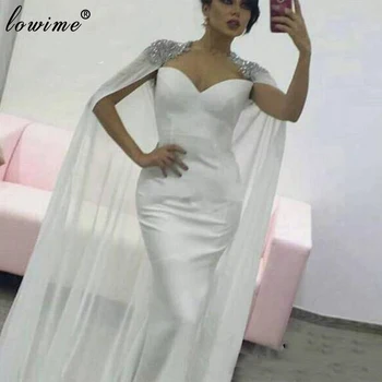 Plus Størrelse Dubai Hvide Prom Kjoler Havfrue arabisk Aften Kjoler Med Brading Cape Kvinde Kjoler Party вечернее платье Kjoler
