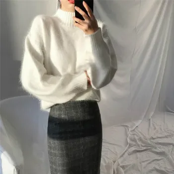 Pullover Dame Efteråret Mohair Solid Rullekrave, Strik, Enkel koreansk Stil Studerende Lady Alle-match Smarte Løs Fritids-Trøjer