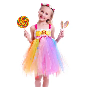 Slikkepind Slik Piger Tutu Kjole Børn Rainbow Birthday Party Dress Børn Søde Candy Land Tøj Piger Dance Betragtning Kjole