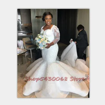 Sydafrikanske Havfrue Brudekjoler Blonde Pynt Plus Size Ren Og Skær Lange Ærmer Brudekjoler I Satin Sweep Train Wedding Dress