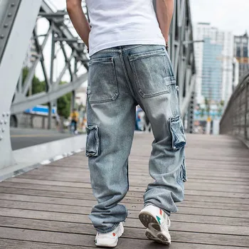 Trendy Hiphop Harem Jeans Overalls Mænd Casual Denim Cargo Bukser Løs Baggy Brede Ben Jeans Stor Lomme Bukser Street Fashion