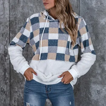Vinteren damer mode polyester hoodie langærmet ternet top termisk isolering plys fleece lomme pels plaid top F04*