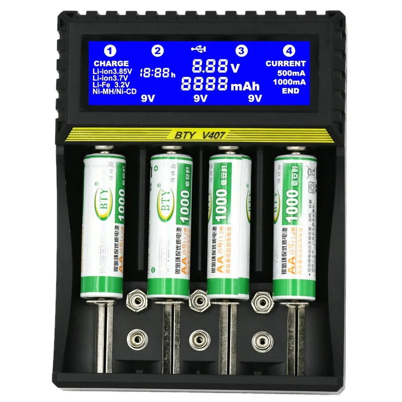 BTY-V407 Batteri Oplader Li-ion Liv Ni-MH Ni-CD Smart Hurtig Oplader til 18650 26650 6F22 9V AA AAA 16340 14500 Batteriet