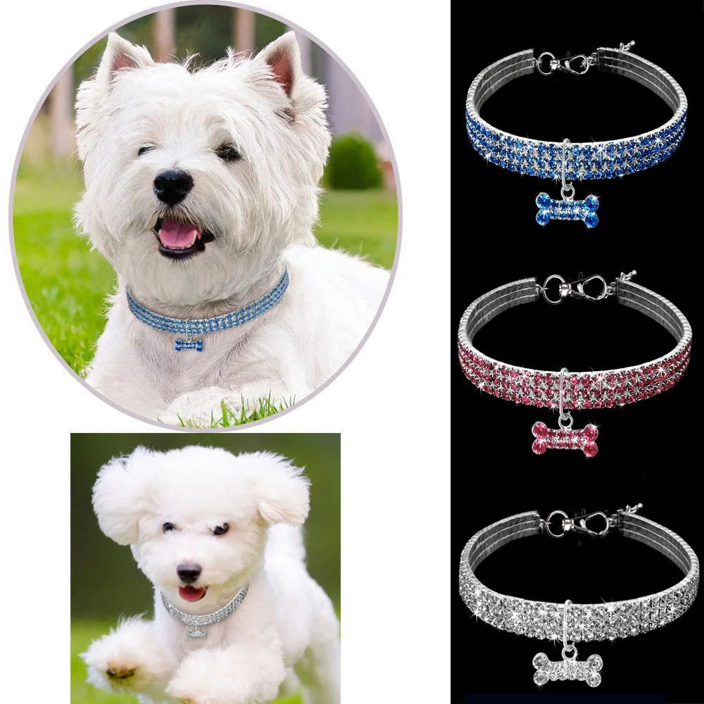 1stk Tre-rækken Diamond Pet Hund Krave Glitter Skinnende, Justerbare Solid Farve Rhinestone Pet Choker Mode Pet Supplies