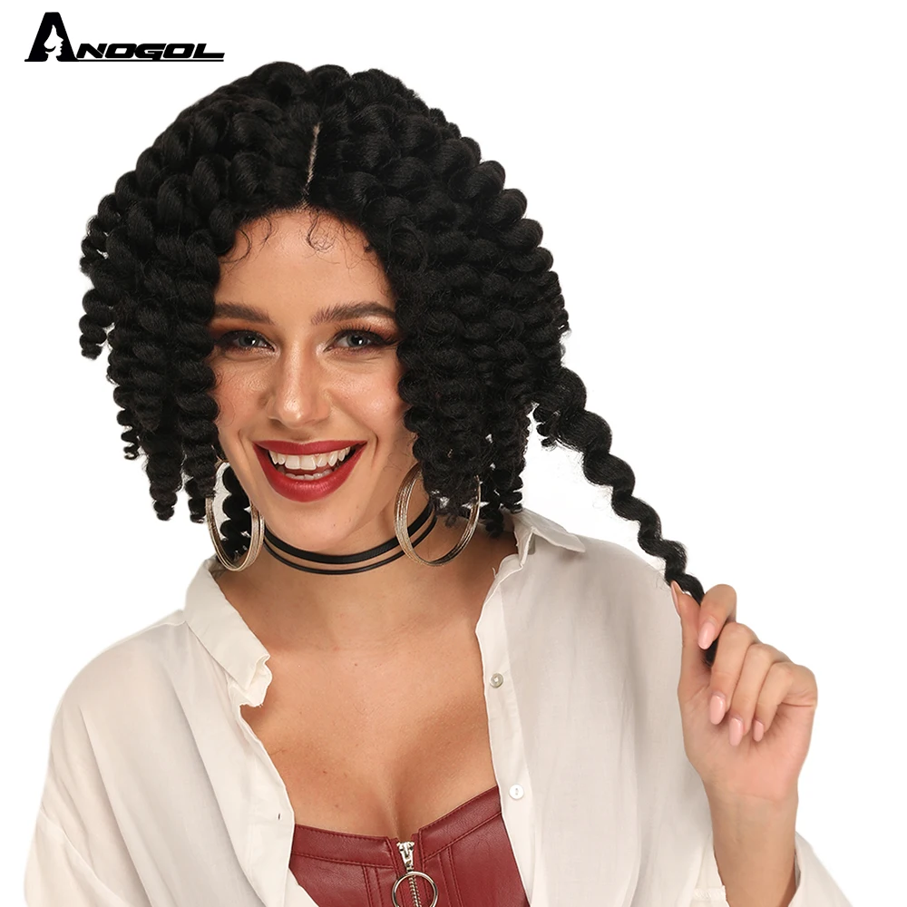 ANOGOL Helt Ny Stil Korte Krøllede Futura Fiber Sort Syntetisk Lace Front Wig med Baby Hair Hoppende Unikke for Kvinder