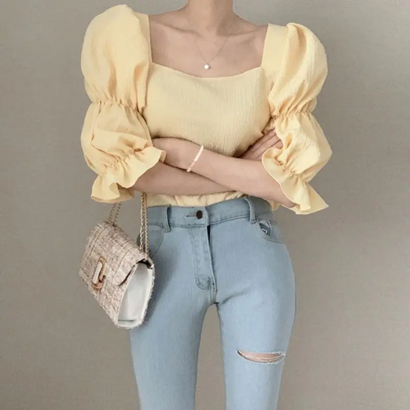 Sommeren Vintage Puff Ærmer Kvinder Bluse Med Firkantet Hals Solid Farve Koreansk Stil Toppe Kvindelige Sexet Slank Mode Bluse