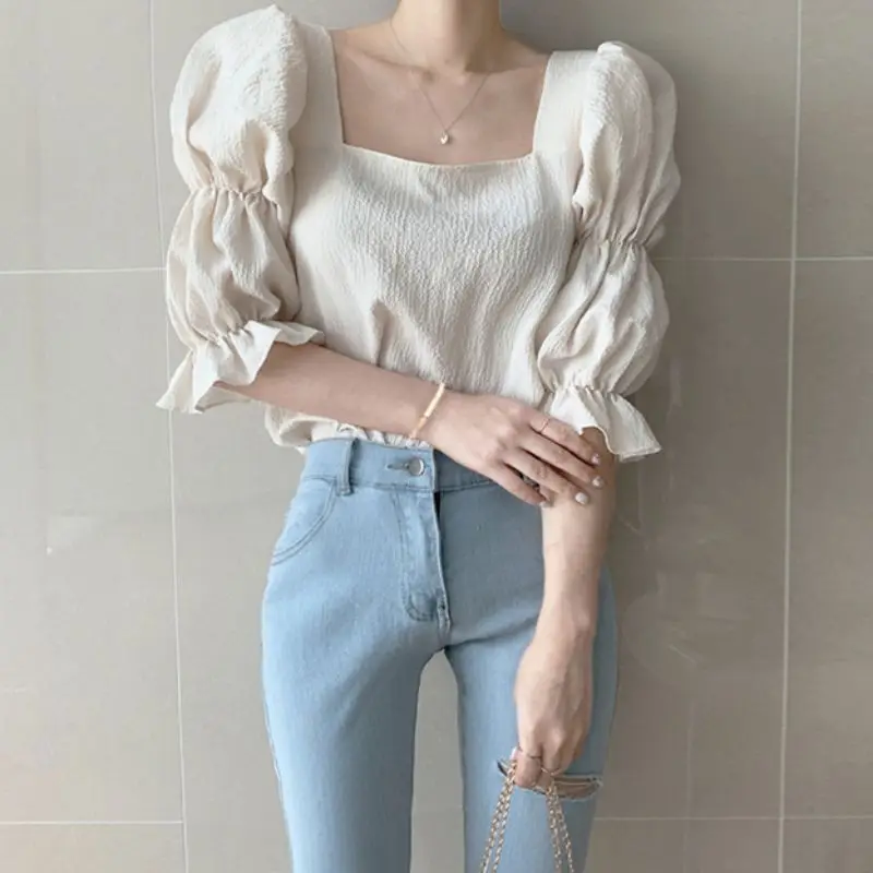 Sommeren Vintage Puff Ærmer Kvinder Bluse Med Firkantet Hals Solid Farve Koreansk Stil Toppe Kvindelige Sexet Slank Mode Bluse