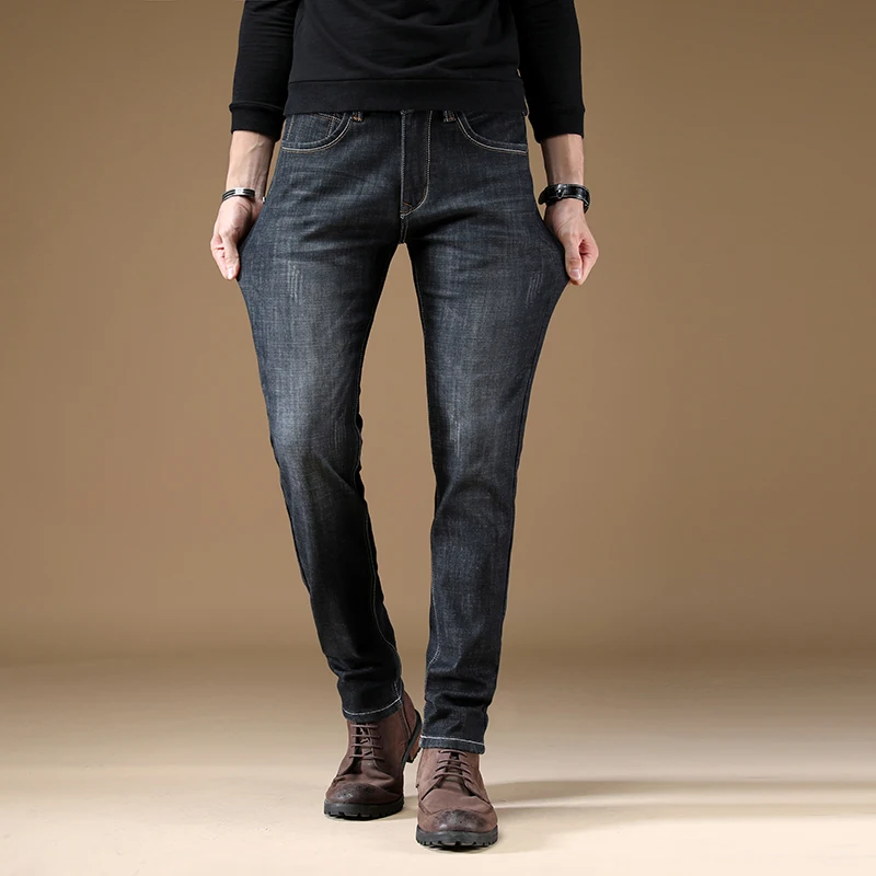 Fashion Designer Vinter Mænd Jeans Top Kvalitet Slim Fit Elastisk Casual Business Holde Varmen Jeans Mænd Blå Farve Tyk Velour Bukser