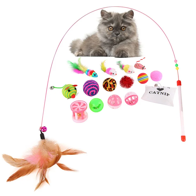 2020 16 Uds conjunto de juguetes para gatos pluma Teaser Wand Katteurt juguetes bola anillos gatos productos interactivos