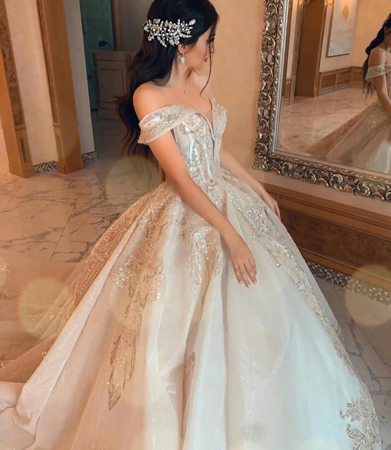 2020 Off Skulder brudekjoler for Plus Size Kvinder Blonder Applicerede de vestido novia Sequined arabisk Sexet, Brude Wedding Kjoler
