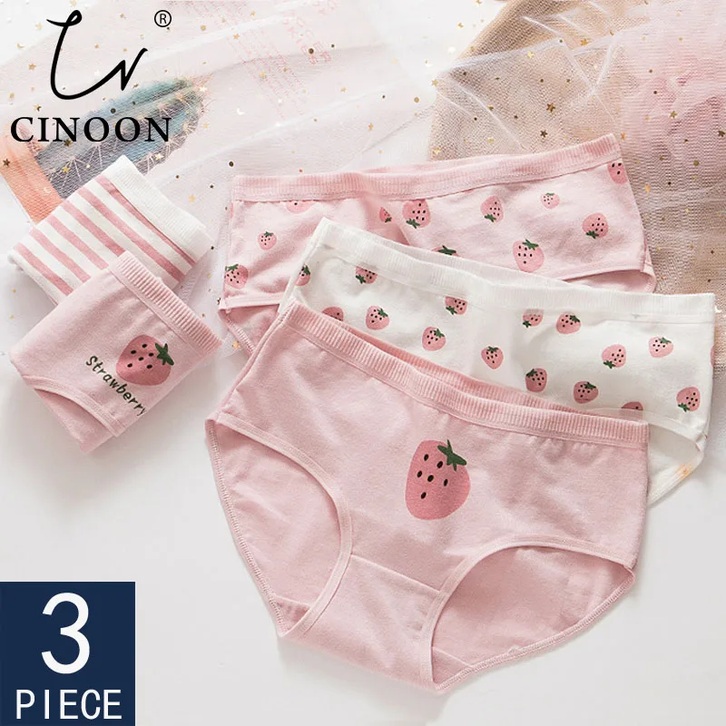 CINOON 3Pcs/masse Bomuld Trusser Kvinder Stribet Undertøj Jordbær mønster Underbukser Kvindelige Undertøj Stor Størrelse Piger Blød Trusse