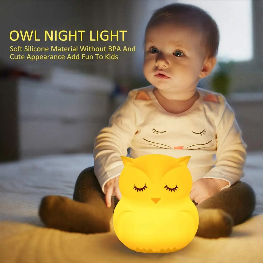 Cartoon Animal LED Nat Lys Fjernbetjening Touch Sensor 8 Farver Timer Dæmpbar USB-Ugle Silikone sengelampe Til Børn