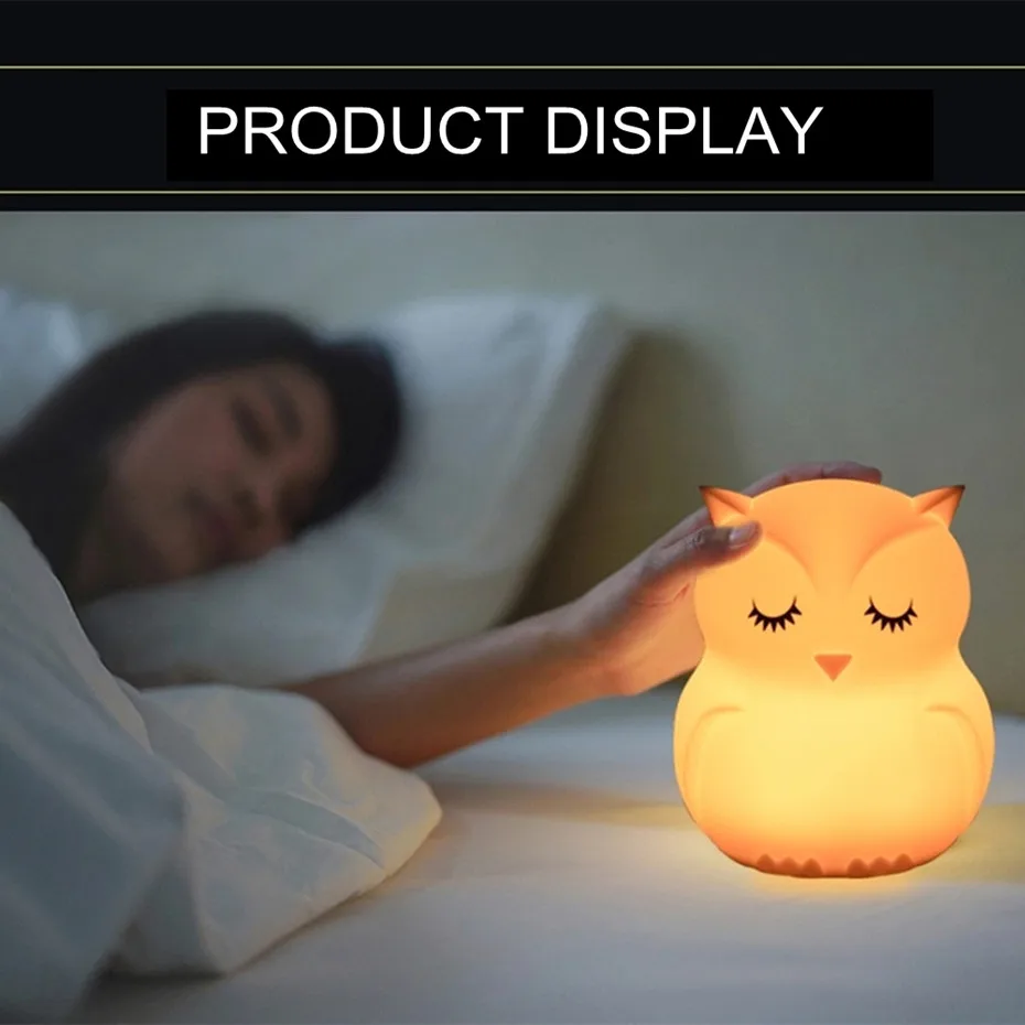 Cartoon Animal LED Nat Lys Fjernbetjening Touch Sensor 8 Farver Timer Dæmpbar USB-Ugle Silikone sengelampe Til Børn