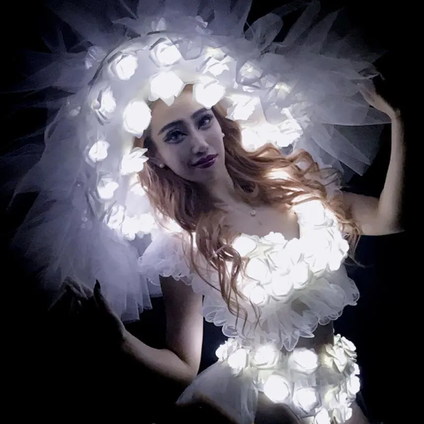 Hvid jul dans blomster hat LED lys, kostumer kvindelige LED Gevirer ydeevne kostume