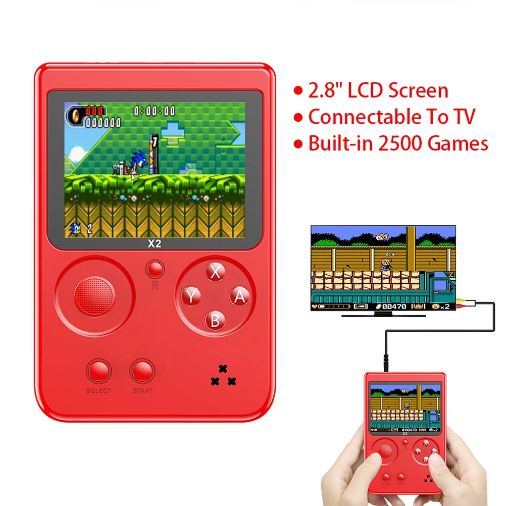 X2 Håndholdte Bærbare spillekonsol LCD-farveskærm Indbygget 2500 klassiske spil 2,8 tommer Retro Video Game Spiller Gave til Børn