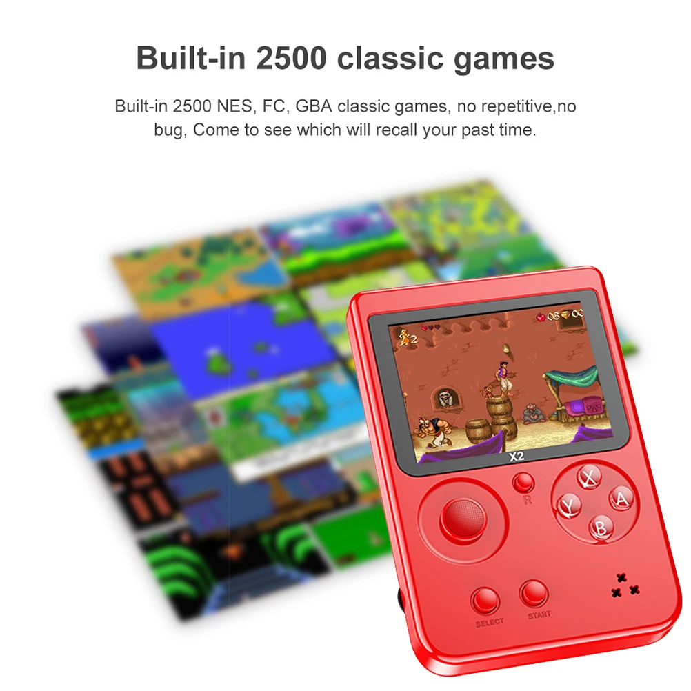 X2 Håndholdte Bærbare spillekonsol LCD-farveskærm Indbygget 2500 klassiske spil 2,8 tommer Retro Video Game Spiller Gave til Børn